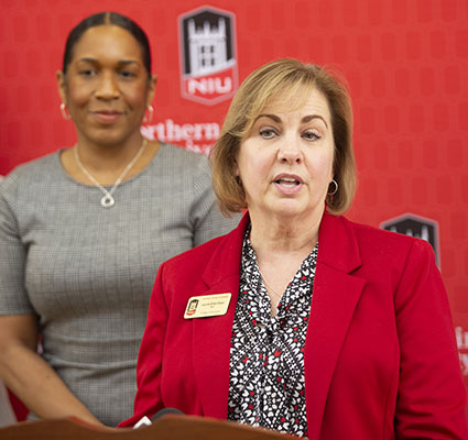 Laurie Elish-Piper introduces Illinois Lt. Gov. Juliana Stratton at a May 2 news conference.