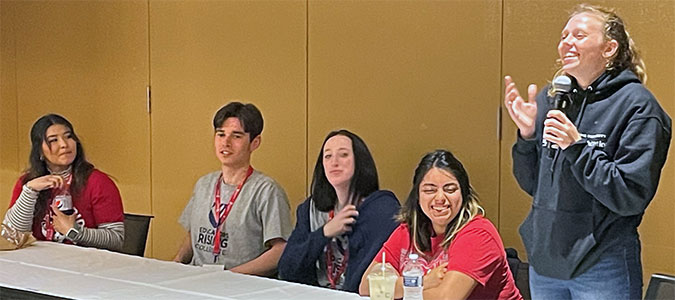 Kellyanne Critzer (right) talks during the NIU Student Panel that also featured (from left) Genesis Miranda, Nathan Scheibe, Emily Darnell and Elizabeth Vieyra.
