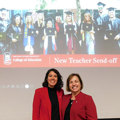 Kimberly Radostits, the 2022 Illinois Teacher of the Year, and Dean Laurie Elish-Piper.