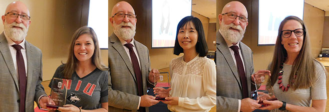 Bill Pitney congratulates Molly Pasley, Pi-Sui Hsu and Natalie Andzik.