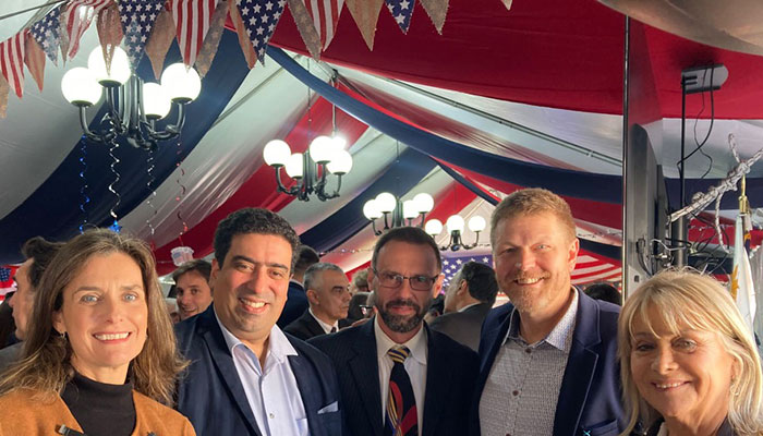 Tonks and Nieto joined Mercedes Jiménez de Aréchaga (executive director of Fulbright Uruguay), NIU College of Education alumnus Aldo Rodriguez (director of Politicas Linguisticas) and Patricia Vargas (American Program and Finance officer of Fulbright Uruguay) at a Fourth of July celebration at the home of the U.S. ambassador in Uruguay.