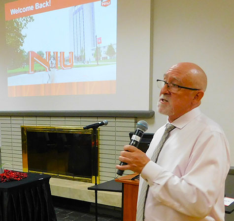 Bill Pitney opens the All-College Meeting in the Holmes Student Center.