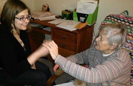 Borgo and Barbra, who is deafblind, use tactile sign.
