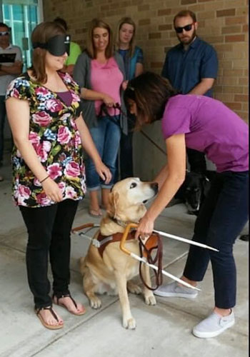 Borgo practices walking with a dog guide while under sleep shade outside Graham Hall.