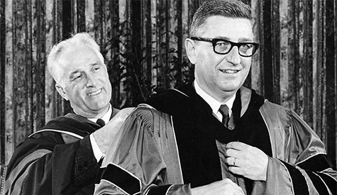 Rhoten A. Smith took office Sept. 1, 1967, as NIU’s sixth president. Smith is pictured with Executive Vice President and Provost Francis Geigle as they prepared for the May 24, 1968, inauguration. 