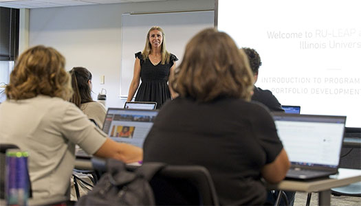 Stephanie Baker talks to LEAP students at Sauk Valley Community College.