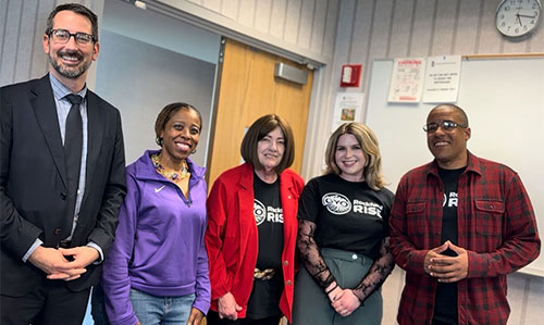 From left: Rockford Mayor Tom McNamara; Anqunette Parham, executive director of Health and Human Services at the City of Rockford; Sally Blake, chair of the NIU Department of Curriculum and Instruction; Megan Larson-Freeman, grant specialist with the YMCA of Rock River Valley; and Eric Junco, the college’s director for Academic Cultivation and Engagement.